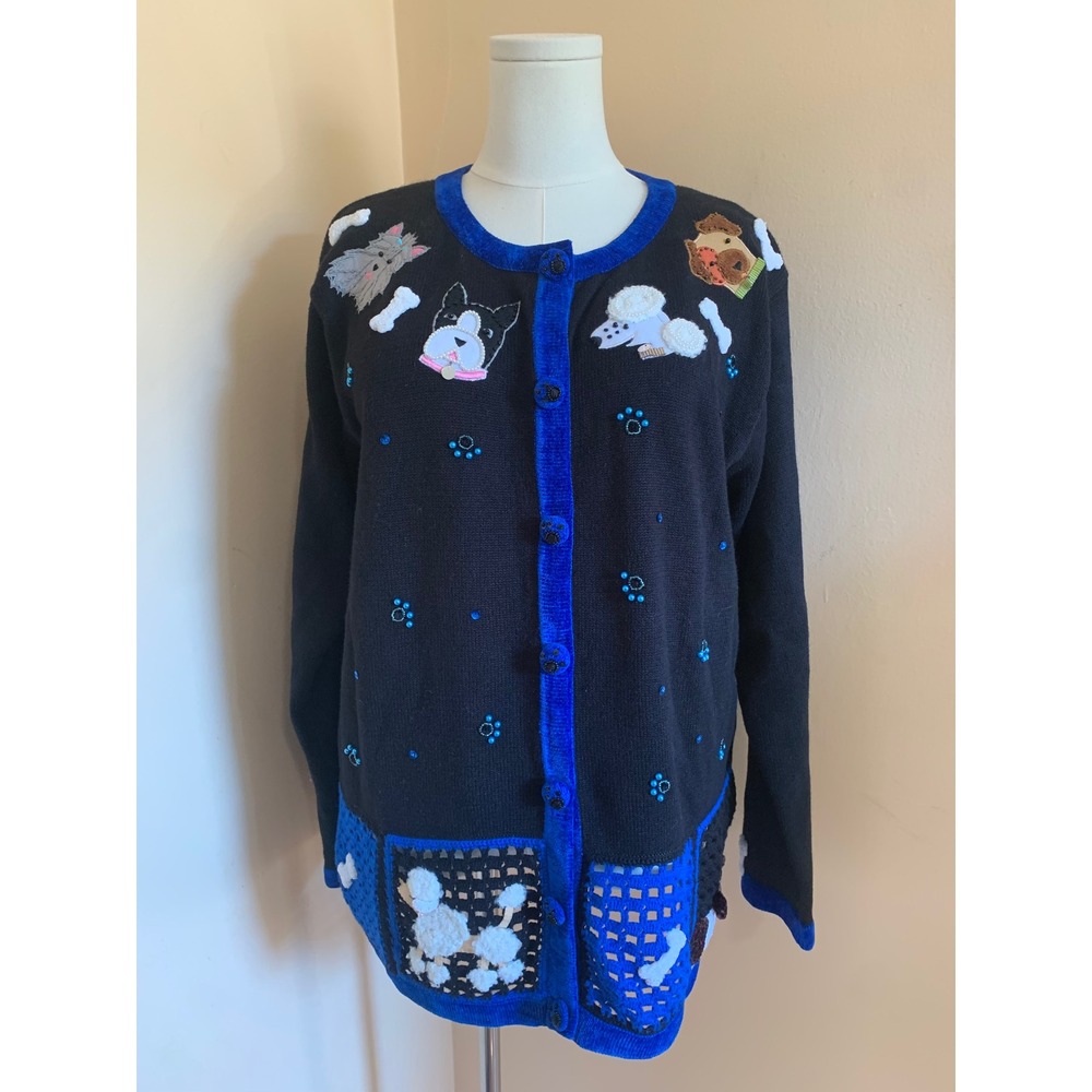 Quacker Factory Dog Puppy Beaded Patchwork Cardigan Sweater Large Black Blue
